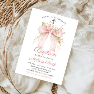 Invitación al bautismo floral de vaca rosa