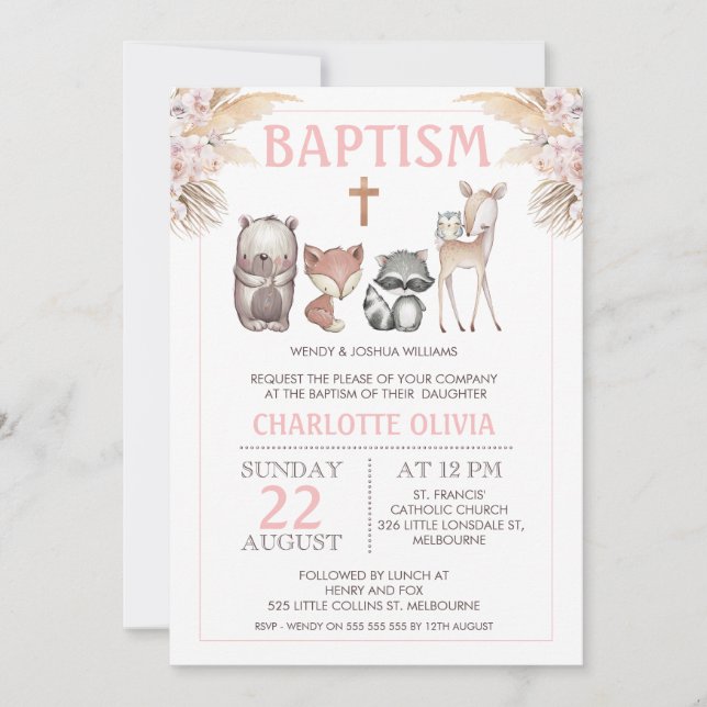 Invitación al bautismo floral de Woodland Boho chi (Anverso)