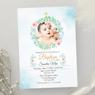 Invitación al bautismo floral dulce azul y rosa