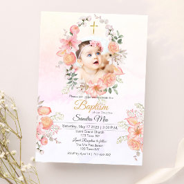 Invitación al bautismo floral dulce rosa