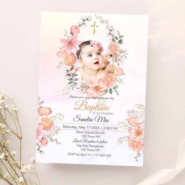 Invitación al bautismo floral dulce rosa (Sweet Pink Floral Baptism Invitation )