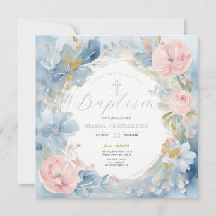 Invitación al Bautismo Floral Dusty Blue