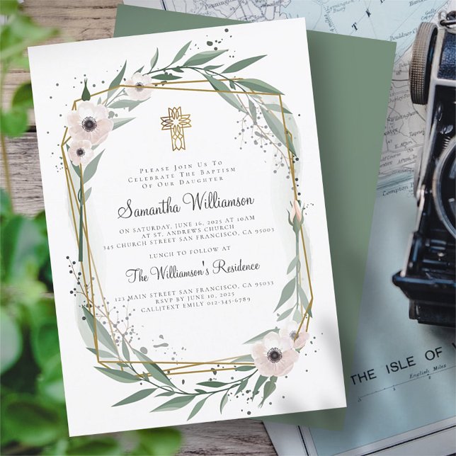 Invitación al bautismo floral geométrico moderno (Subido por el creador)