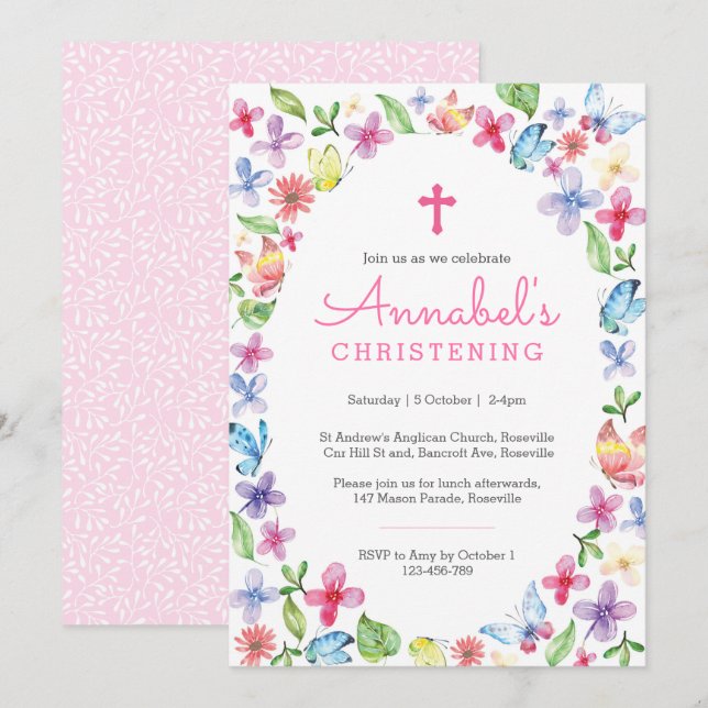 Invitación al bautismo floral mariposa (Anverso / Reverso)