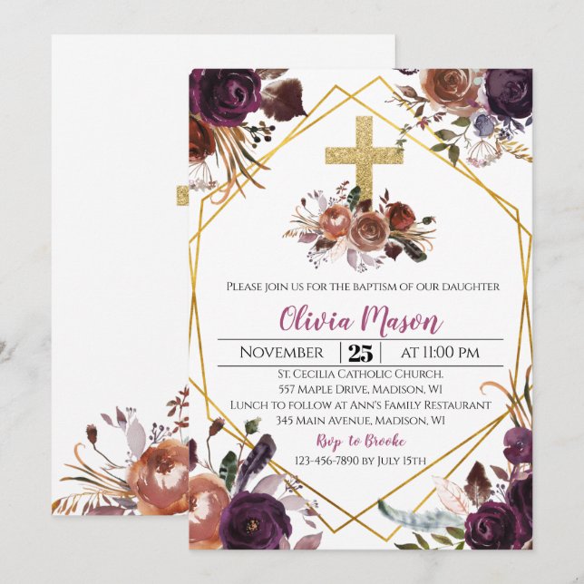 Invitación al bautismo floral morado de oro (Anverso / Reverso)