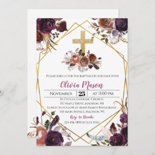 Invitación al bautismo floral morado de oro