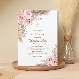 Invitación al bautismo floral rosa boho moderno