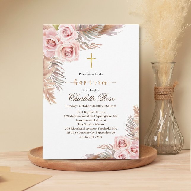 Invitación al bautismo floral rosa boho moderno (Subido por el creador)