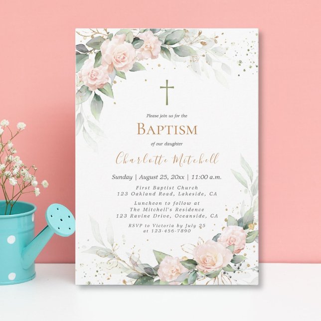 Invitación al bautismo floral rosa de bonito Rubor (Subido por el creador)