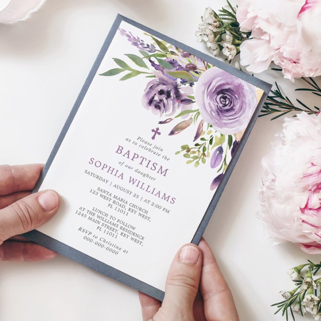 Invitación al bautismo floral Rosa púrpura (Subido por el creador)