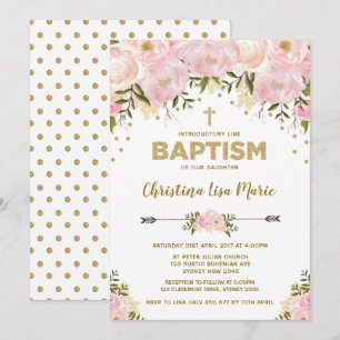 Invitación al bautismo floral rosa y dorado de Rub