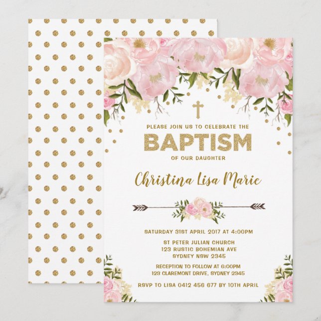 Invitación al bautismo floral rosa y dorado de Rub (Anverso / Reverso)