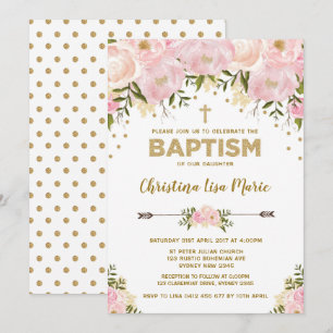 Invitación al bautismo floral rosa y dorado de Rub