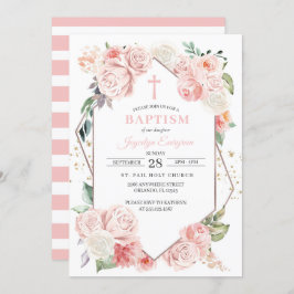 Invitación al bautismo floral rosado