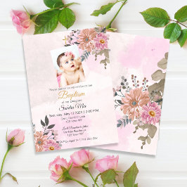 Invitación al bautismo floral rosado