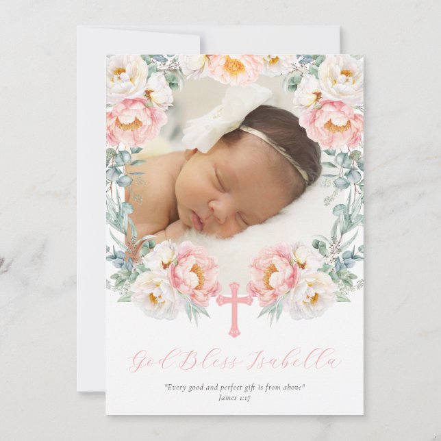 Invitación al bautismo floral rosado con foto (Reverso)