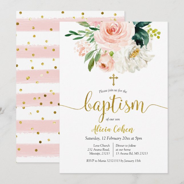 Invitación al bautismo floral rosado de Rubor (Anverso / Reverso)