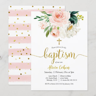 Invitación al bautismo floral rosado de Rubor