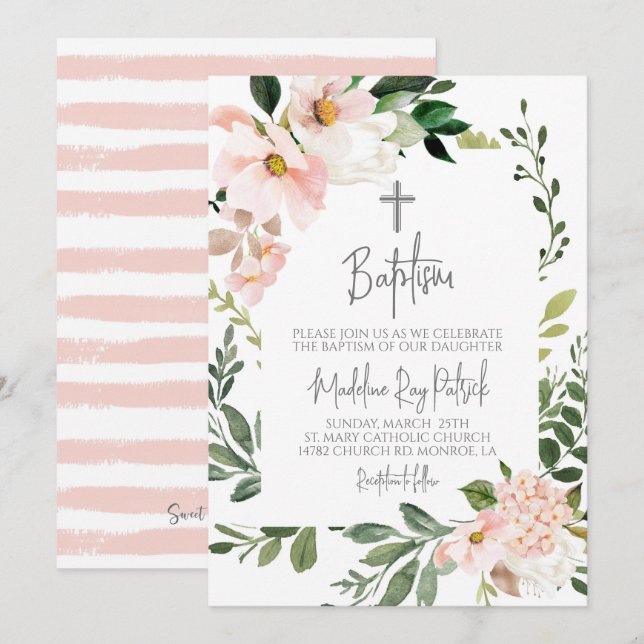 Invitación al bautismo floral rosado de Rubor (Anverso / Reverso)