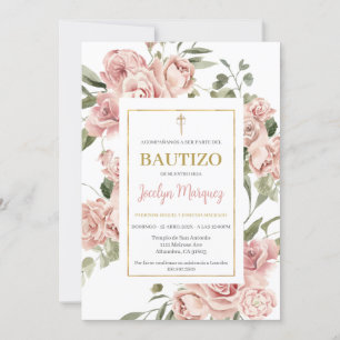 Invitación al bautismo floral rosado en español