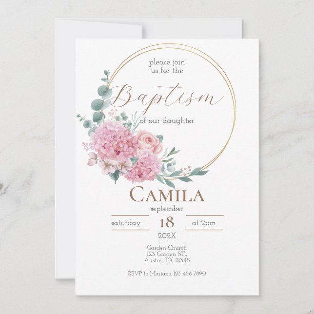 Invitación al bautismo floral rosado para Chica en (Anverso)
