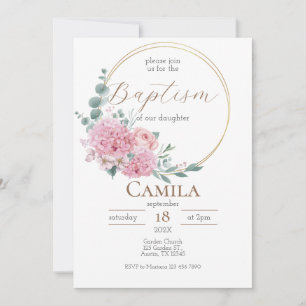 Invitación al bautismo floral rosado para Chica en
