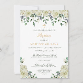 Invitación al bautismo floral verde de oro blanco