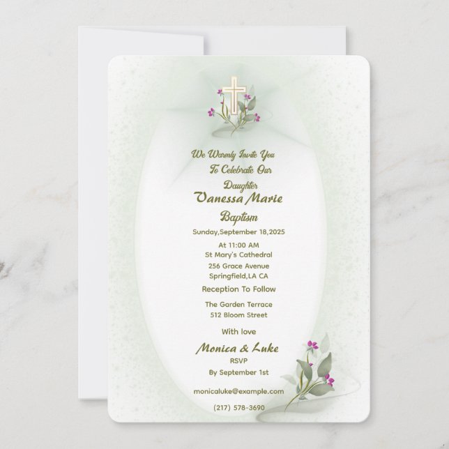 Invitación al bautismo floral verde y blanco (Anverso)