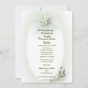 Invitación al bautismo floral verde y blanco