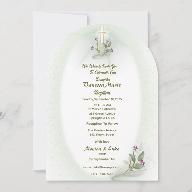 Invitación al bautismo floral verde y blanco (Anverso)