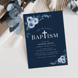 invitación al bautismo floral y moderno azul