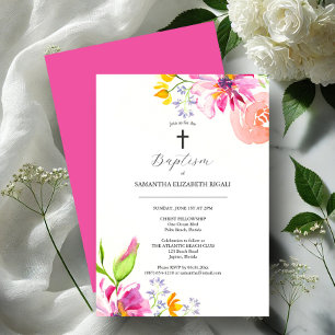 Invitación al bautismo Flores de acuarela rosa