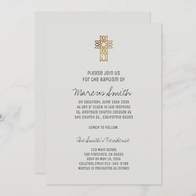 Invitación al bautismo fotográfico Faux Gold Cross (Anverso / Reverso)