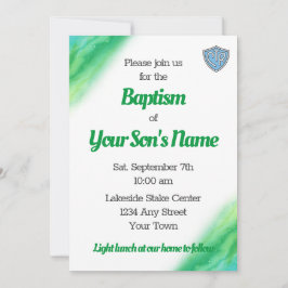Invitación al bautismo LDS verde y azul