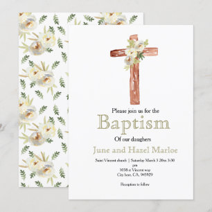 Invitación al bautismo mellizo de flores blancas