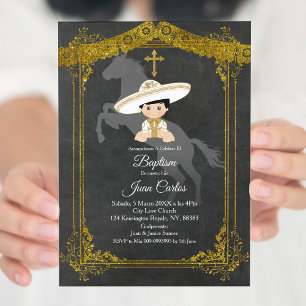 Invitación al bautismo mexicano en negro y oro