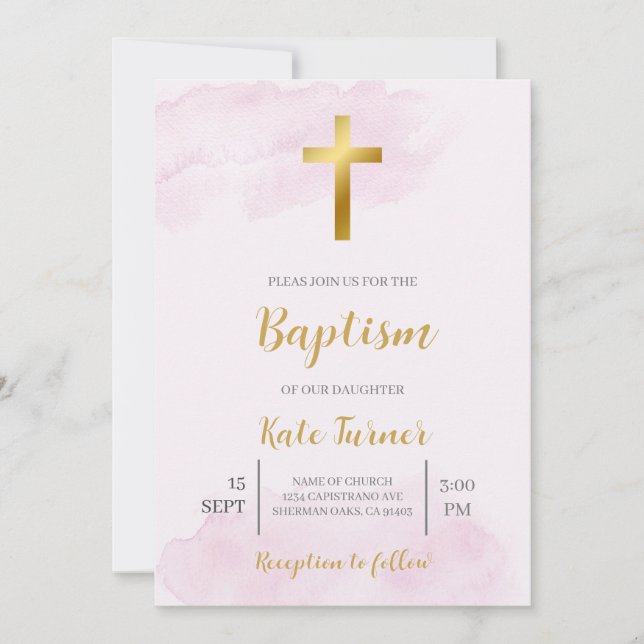 Invitación al bautismo minimalista rosa de Rubor (Anverso)