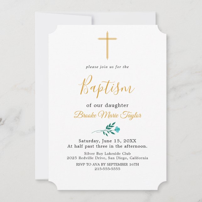 Invitación al Bautismo Mínimo de Leaf Gold (Anverso)