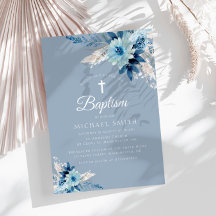 Invitación al bautismo moderno con flores y azul t