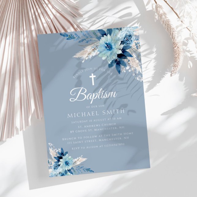 Invitación al bautismo moderno con flores y azul t (Subido por el creador)