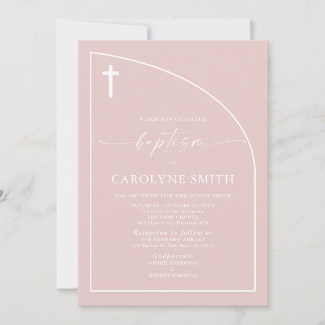 Invitación al bautismo moderno de arco semi rosado (Anverso)