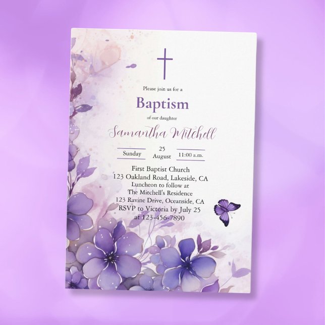 Invitación al bautismo moderno de flores moradas (Subido por el creador)