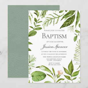 Invitación al bautismo moderno de hojas de verde
