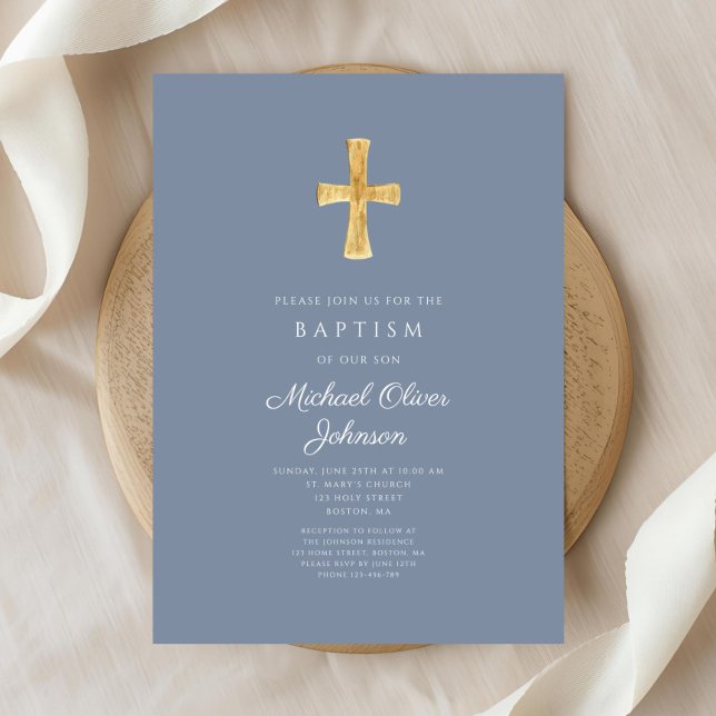 Invitación al bautismo moderno Dusty Blue Cross Bo (Modern Dusty Blue Cross Boy Baptism Invitation)