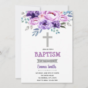 Invitación al bautismo morado floral