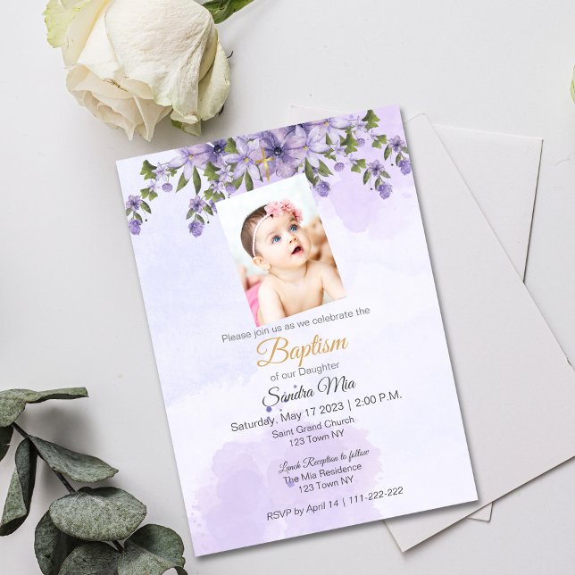 Invitación al bautismo morado floral (Purple Floral Baptism Invite)