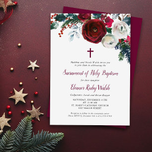 Invitación al bautismo navideño floral de invierno