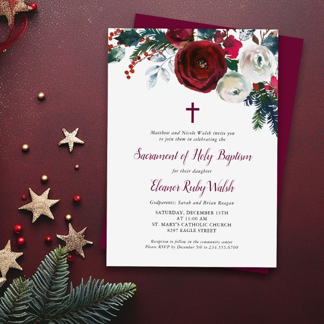 Invitación al bautismo navideño floral de invierno (Subido por el creador)