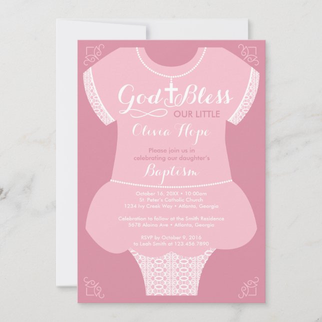 Invitación al bautismo para un vestido Chica, rosa (Anverso)