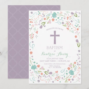 Invitación al bautismo - Personalizar, flores, cru